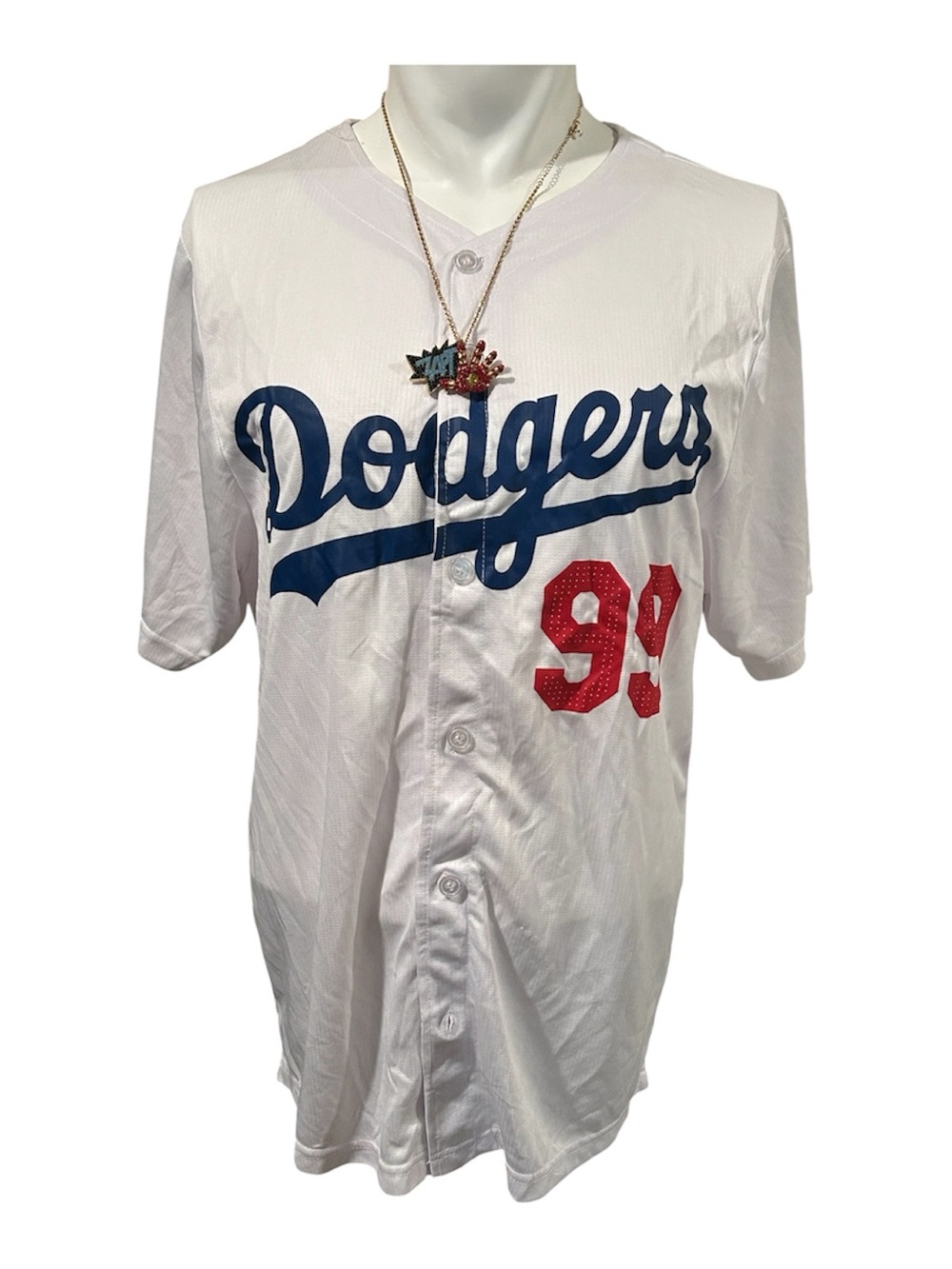 Los Angeles White Button-Up Jersey Shirt with Navy Script and Red 99